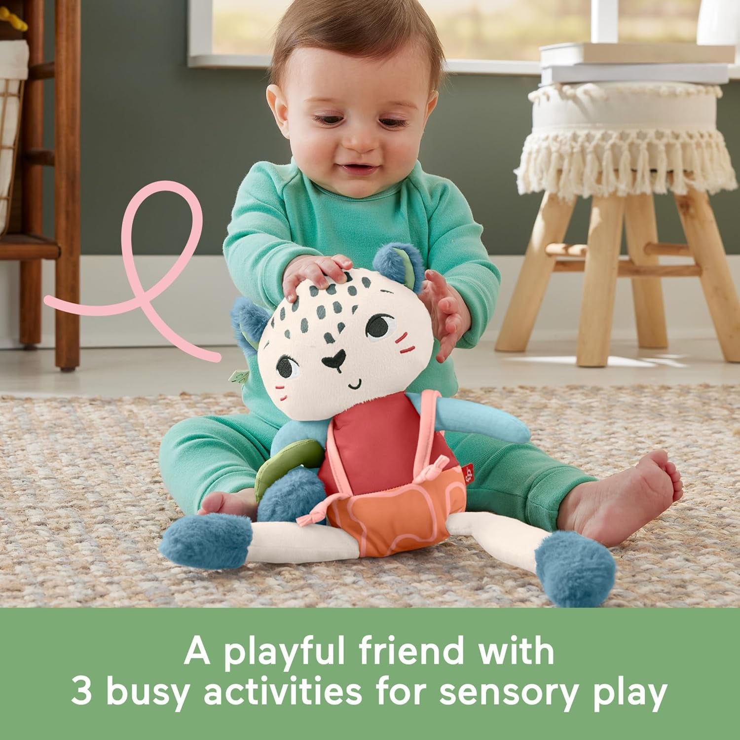 Fisher-Price Baby Toy Planet Friends Spotting Fun Snow Leopard Plush with Sensory Activities for Newborns Ages 3+ Months