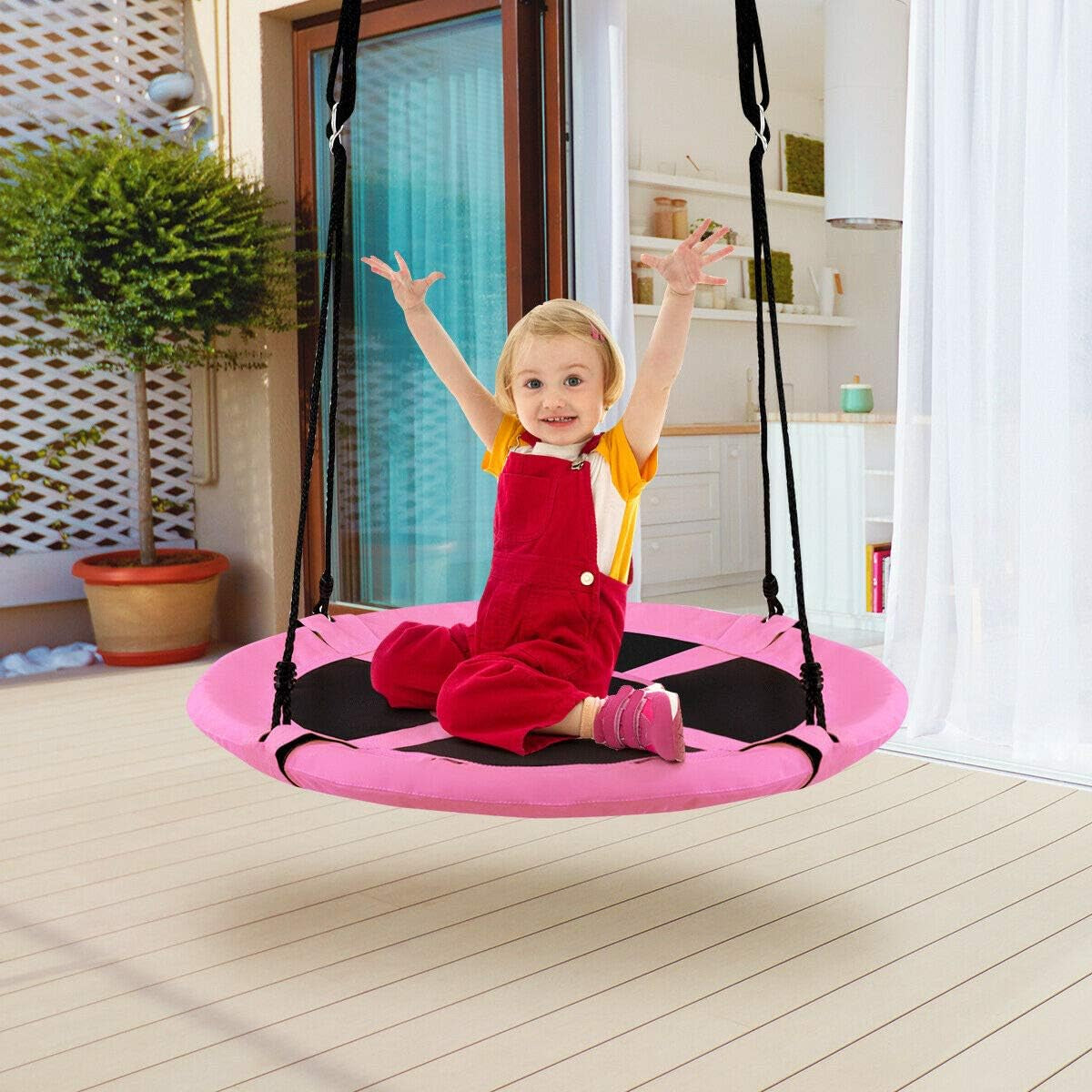 Costzon 40” Saucer Tree Swing for Kids, Flying Saucer Swing with 2 Carabiners, Adjustable Ropes, Waterproof 900D Oxford Cloth, round Swing for Outdoor Playground, Backyard (Pink Unicorn)