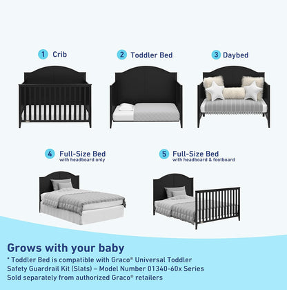 Graco Wilfred 5-In-1 Convertible Crib (Black) – GREENGUARD Gold Certified, Converts to Toddler Bed and Full-Size Bed, Fits Standard Full-Size Crib Mattress, Adjustable Mattress Support Base