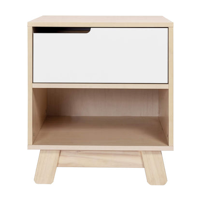 Babyletto Hudson Nightstand with USB Port in Washed Natural and White, 1 Drawer and Storage Cubby