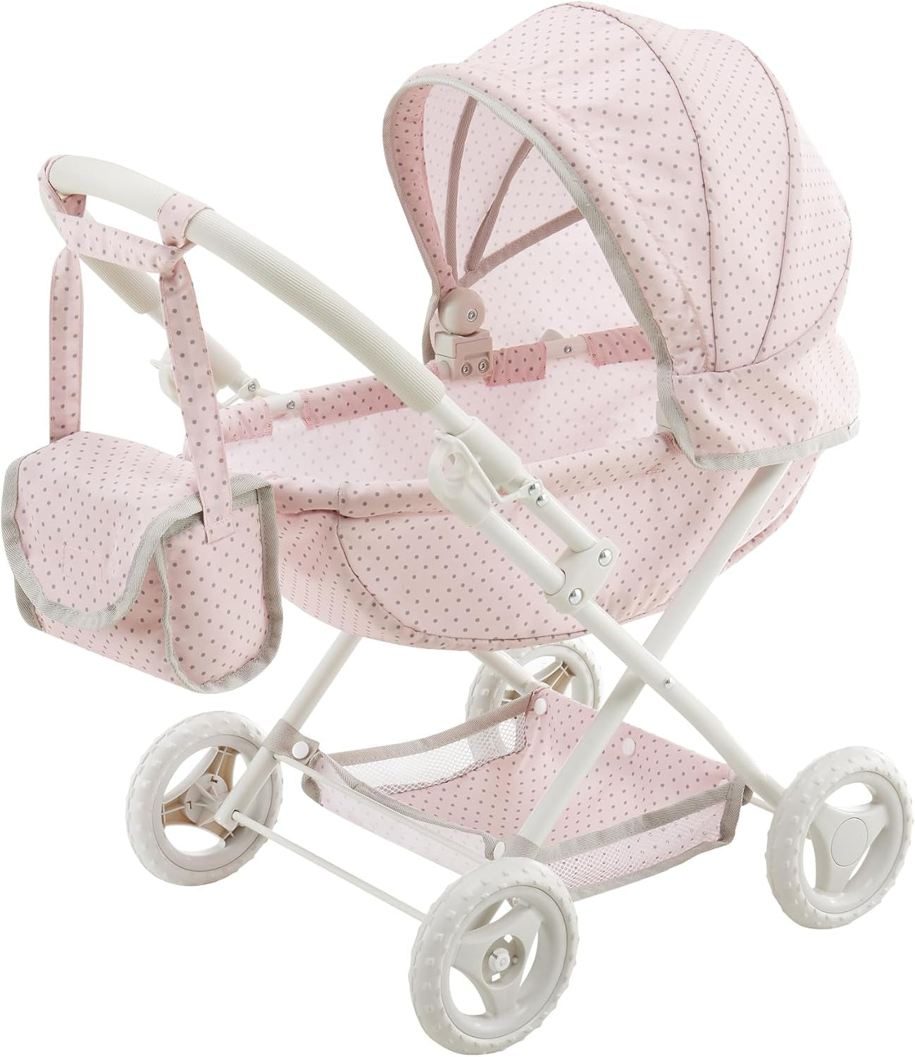 Olivia'S Little World Polka Dot Princess Baby Doll Twin Bassinet Stroller with Retractable Canopy & Storage, Pink/Gray