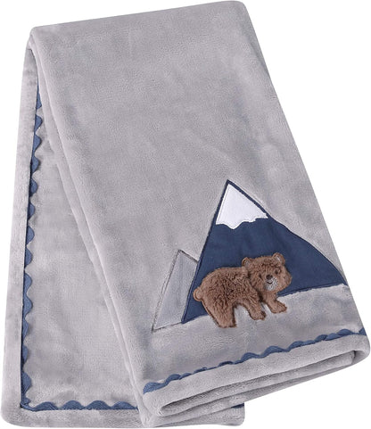 Levtex Baby - Emerson Plush Blanket - Appliqued and Embroidered Bear and Mountains on Grey Plush with RIC Rac Trim - Navy, Blue, Grey and Tan - Nursery Accessories - Blanket Size: 30 X 40 In.