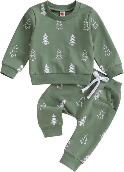 Toddler Baby Boy Girl Christmas Outfits Truck Tree Print Long Sleeve Sweatshirts Pants Fall Infant 2Pcs Clothes