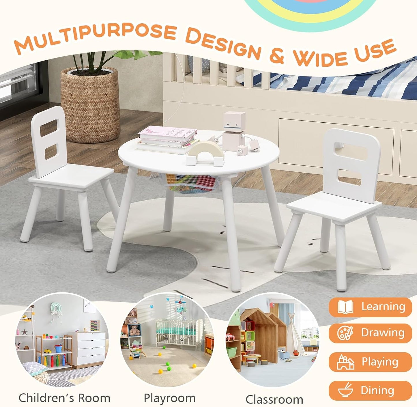 Costzon Kids Table and Chair Set, White Wooden Activity Table with Storage and 2 Chairs for Arts Crafts Snack Time