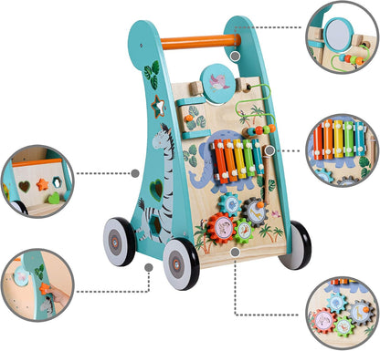 Teamson Kids Preschool Play Lab Wooden Baby Walker and Activity Station, Natural/Blue