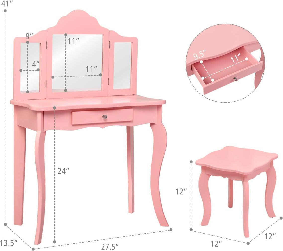 Costzon Kids Wooden Vanity Table & Stool Set, 2 in 1 Detachable Design with Dressing Table and Writing Desk, Princess Makeup Dressing Table with Two 180° Folding Mirror, for Girls, Kids (Pink)