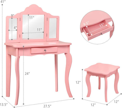 Costzon Kids Wooden Vanity Table & Stool Set, 2 in 1 Detachable Design with Dressing Table and Writing Desk, Princess Makeup Dressing Table with Two 180° Folding Mirror, for Girls, Kids (Pink)