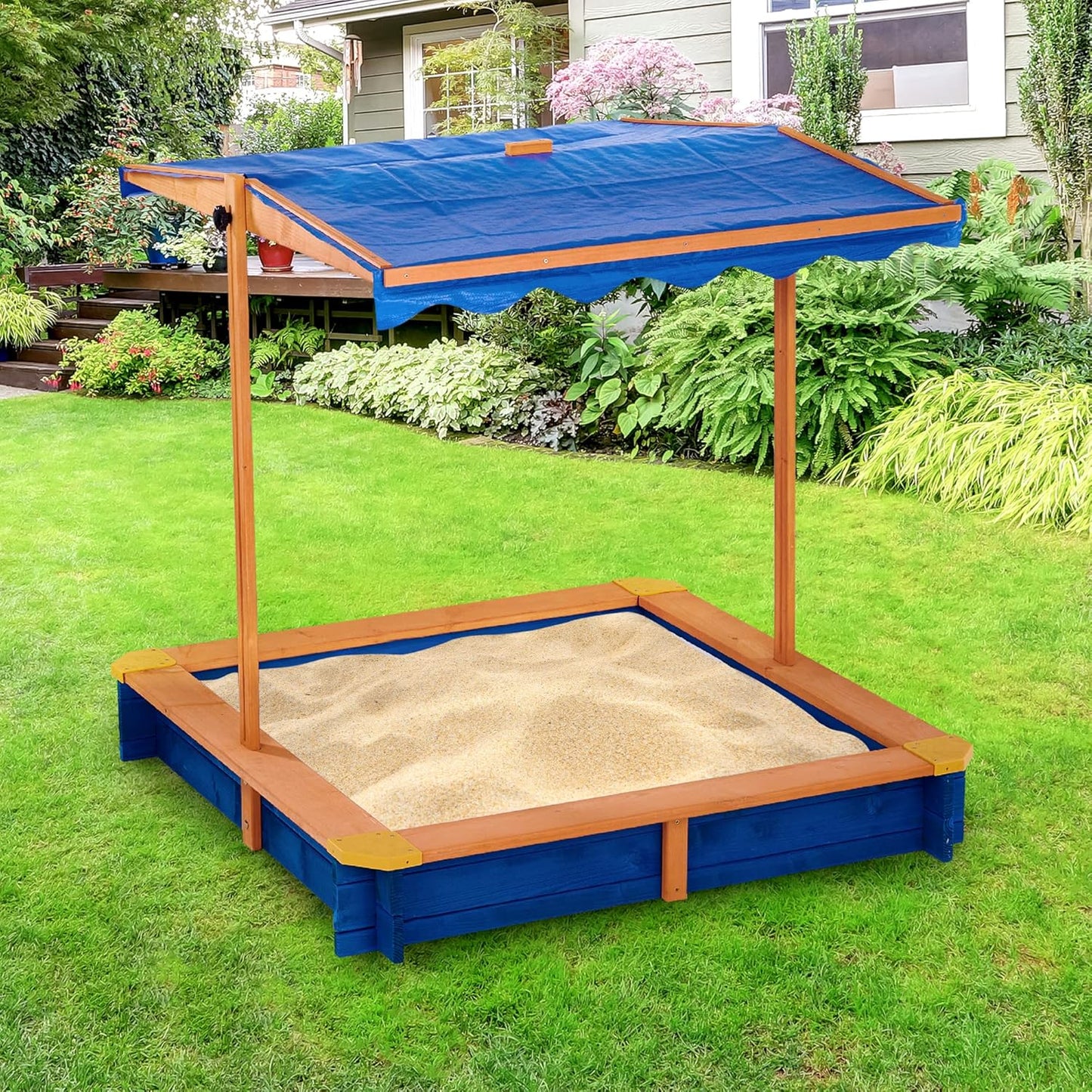 Teamson Kids Outdoor 46 In. X 46 In. Spruce Sand Box with Adjustable Canopy and 300 Lb. Sand Capacity, Blue and Wood