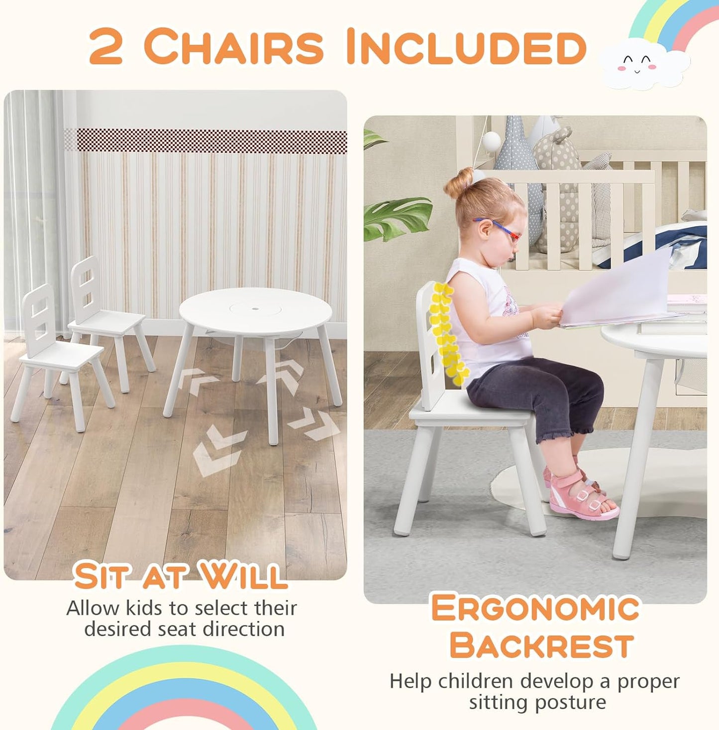 Costzon Kids Table and Chair Set, White Wooden Activity Table with Storage and 2 Chairs for Arts Crafts Snack Time