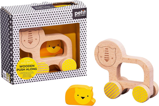 Petit Collage Lion and Baby Wooden Push Toy – Cute Wooden Rolling Toy Ideal for Ages 12 Months and Older – Active Toy Encourages Movement, Makes a Great Gift