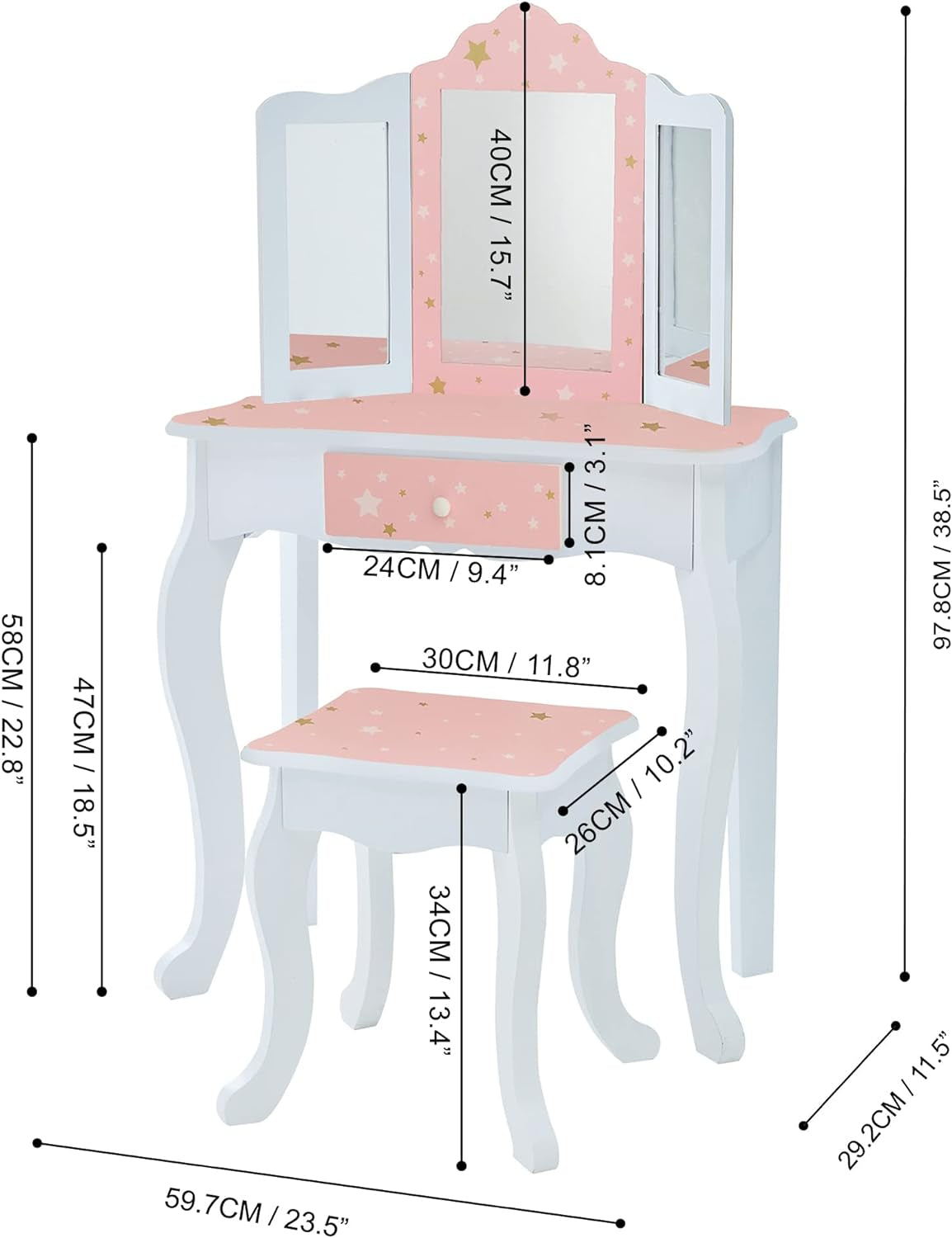 Teamson Kids Princess Gisele Twinkle Star Print 2-Piece Kids Wooden Play Vanity Set with Vanity Table, Tri-Fold Mirror, Storage Drawer, and Matching Stool, White with Pink and Gold Star Accent