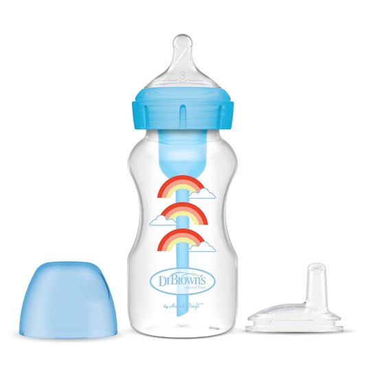 Dr. Brown’S Anti-Colic Options+ Wide-Neck Sippy Bottle Starter Kit, 9Oz/270Ml, with Level 3 Medium-Fast Flow Nipple and Soft 100% Silicone Sippy Spout, Blue, BPA Free, 6M+