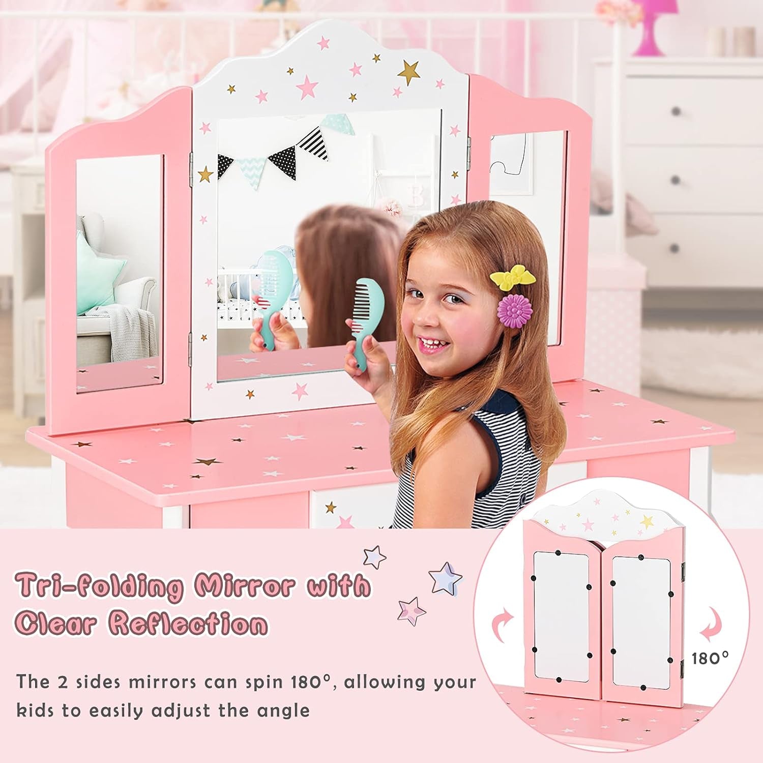 Costzon Kids Vanity Set with Mirror, 2 in 1 Princess Makeup Dressing Table W/Detachable Top, Toddler Girls Vanity with Tri-Fold Mirror, Drawer & Stool, Pretend Play Vanity Set for Little Girls, Pink