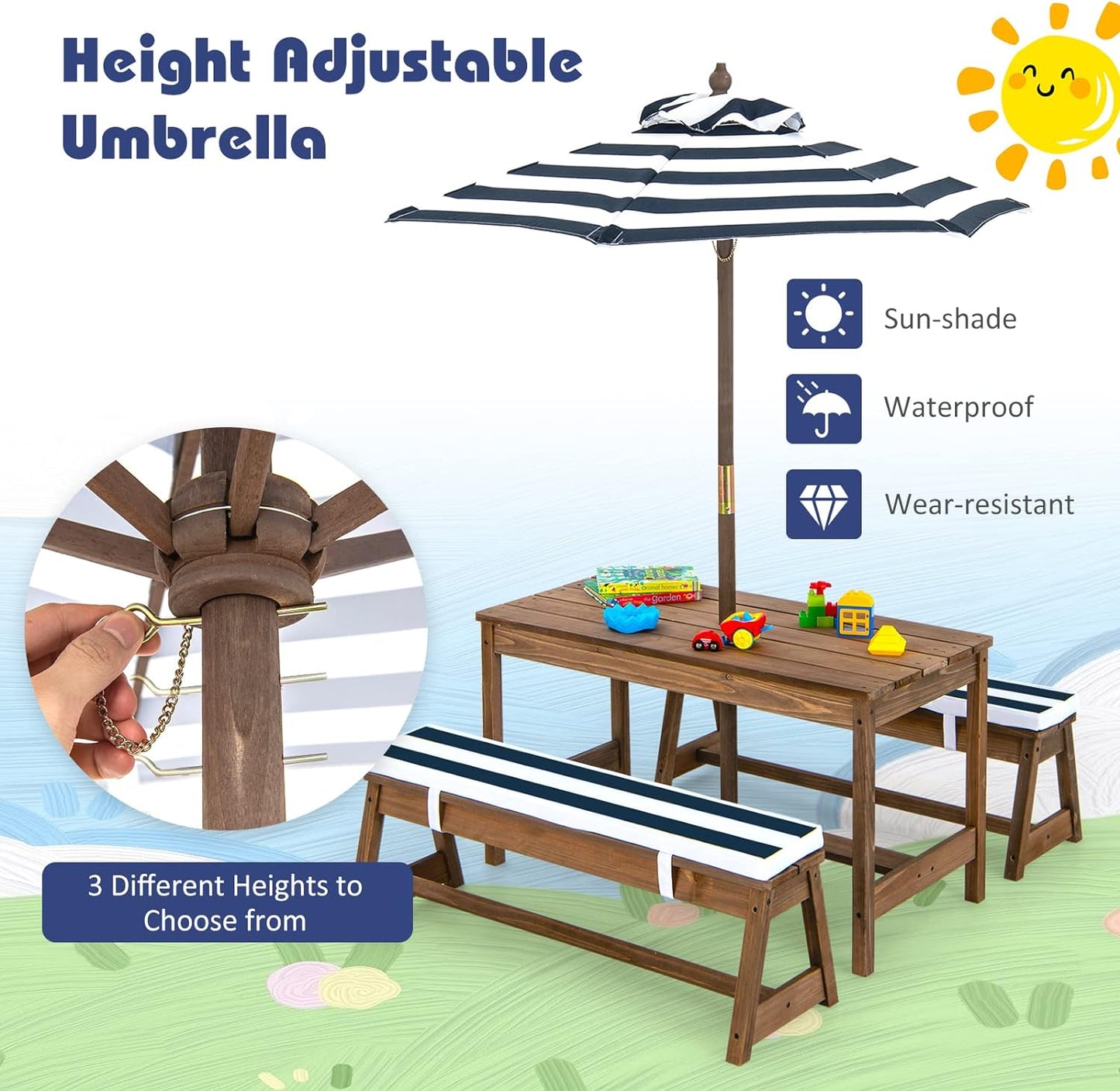 Costzon Kids Picnic Table, Toddler Wood Table & Chair Set W/Cushions, Height Adjustable Umbrella, Children Activity Table Outdoor Furniture Set for Patio, Garden, Backyard, Gift for Ages 3-8 (Blue)