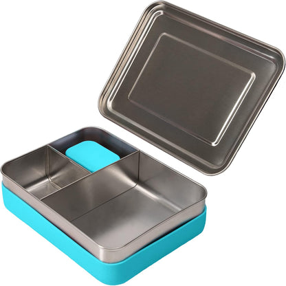 Weesprout 18/8 Stainless Steel Bento Box (Large) - 3 Compartment Metal Lunch Box, Skid-Proof Silicone, for Kids & Adults, Bonus Dip Container, Fits in Lunch & Work Bags, Dishwasher & Freezer Friendly