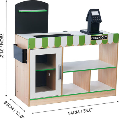 Teamson Kids My Dream Bakery Shop Dessert Stand and Rolling Pastry Cart Interactive Wooden Play Set with 18 Pretend Baked Goods, White and Mint Green with Gray Polka Dot Accents