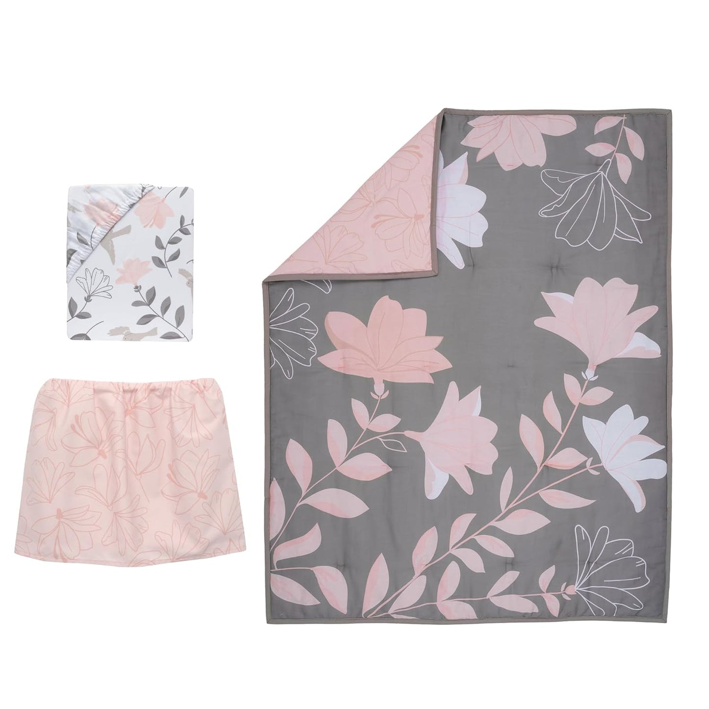 Lambs & Ivy Petals Gray/Pink Sateen Cotton Floral 3-Piece Baby Crib Bedding Set