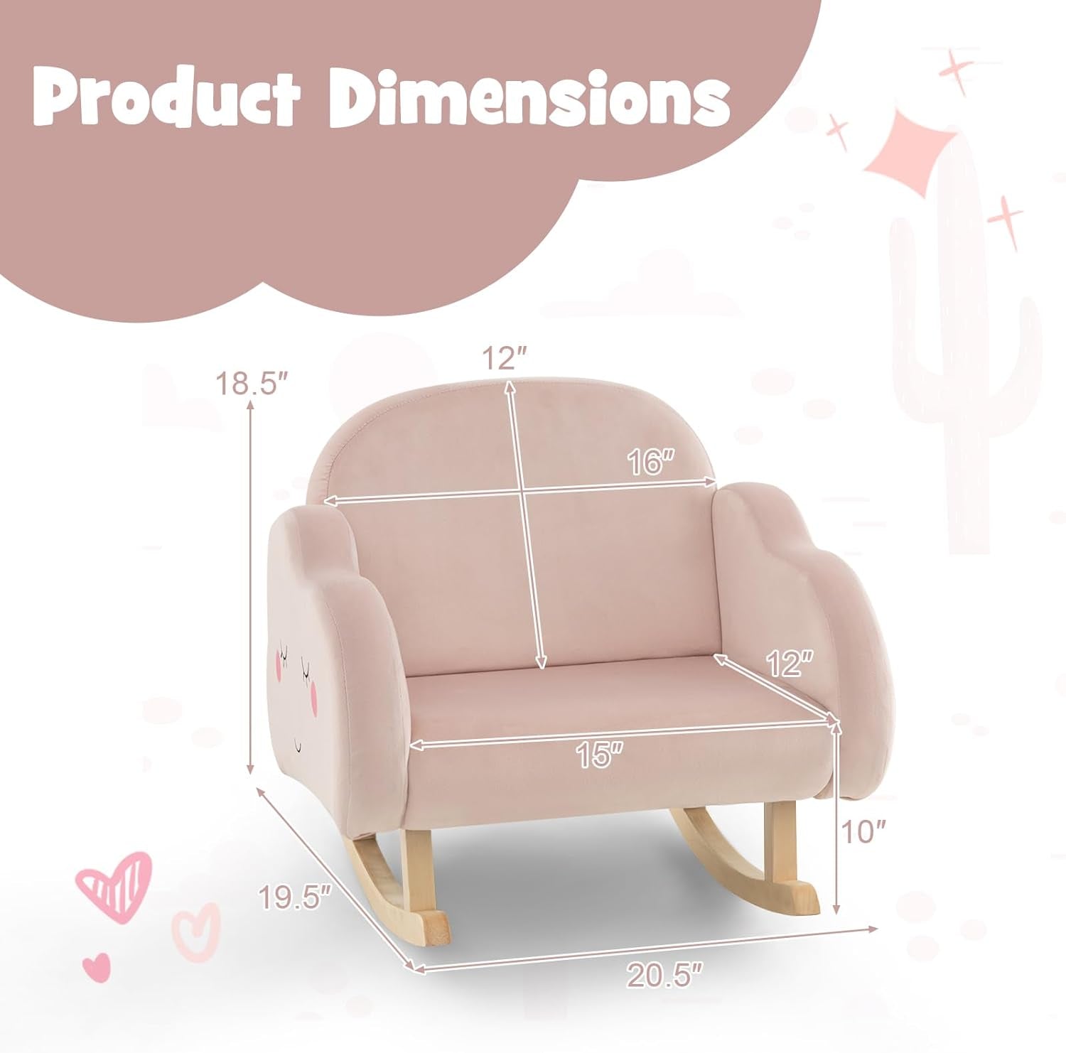 Costzon Kids Sofa, Rocking Chair with Solid Wood Frames, Velvet Fabric, Anti-Tipping Design for Kids Room, Nursery, Preschool, Birthday Gift for Boys Girls, Toddler Furniture Armchair (Light Pink)