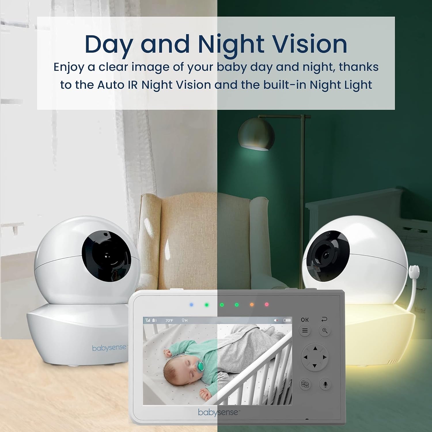 Babysense 3.5" Screen, Video Baby Monitor with Camera and Audio, 960Ft Range (Open Space), Night Light, Two-Way Audio, Zoom, Night Vision, Lullabies