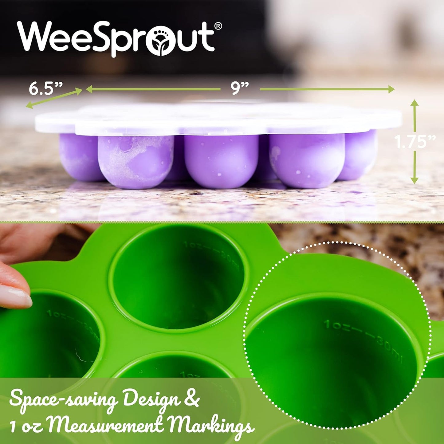 Weesprout Silicone Freezer Tray with Clip on Lid Perfect Food Storage Container for Homemade Baby Food, Vegetable, Fruit Purees, and Breast Milk (Bright Green, Six 3 Ounce Sections)