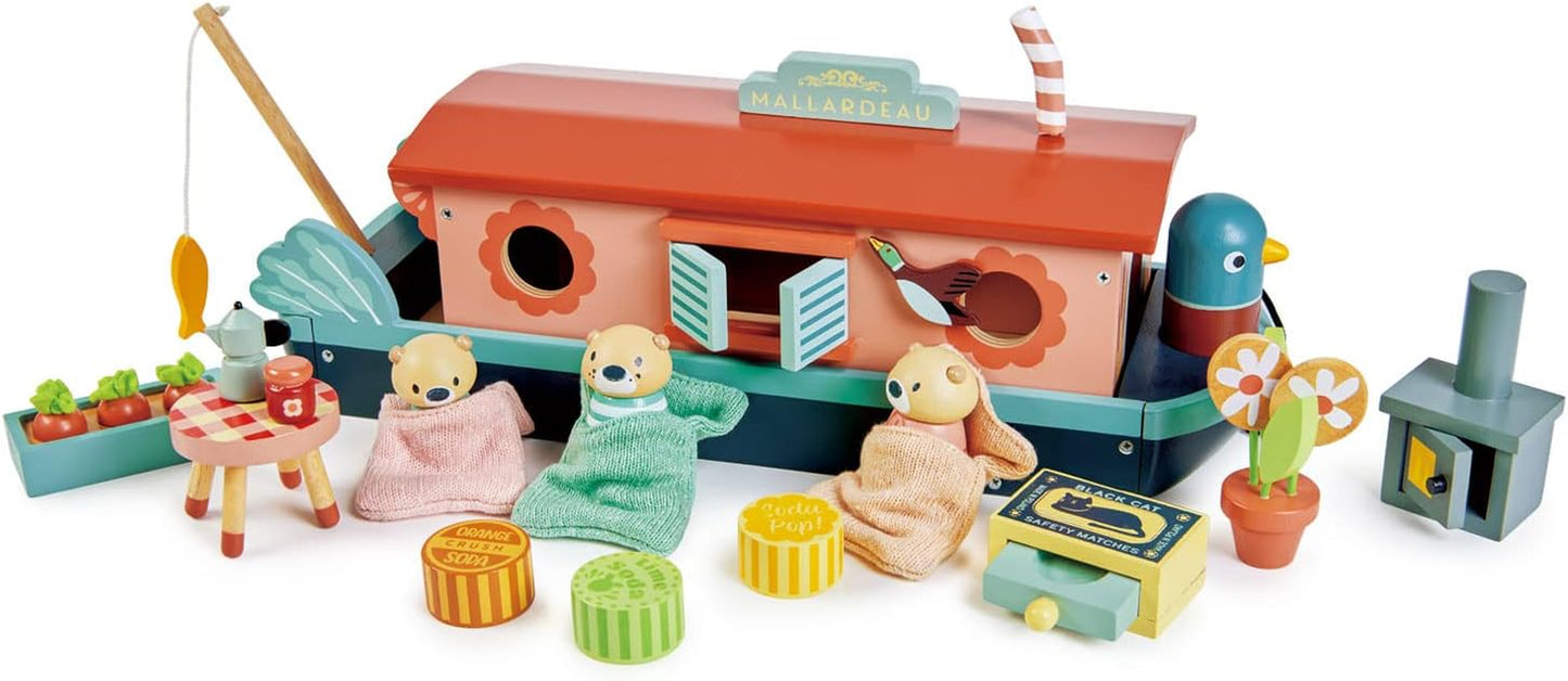 Tender Leaf Toys - Little Otter Canal Boat - 23 Pcs Furnished Wooden Boat Toy with Removeable Roof and Animal Figures - Gender-Neutral Open-Ended Play Set for Story Telling - Age 3 +