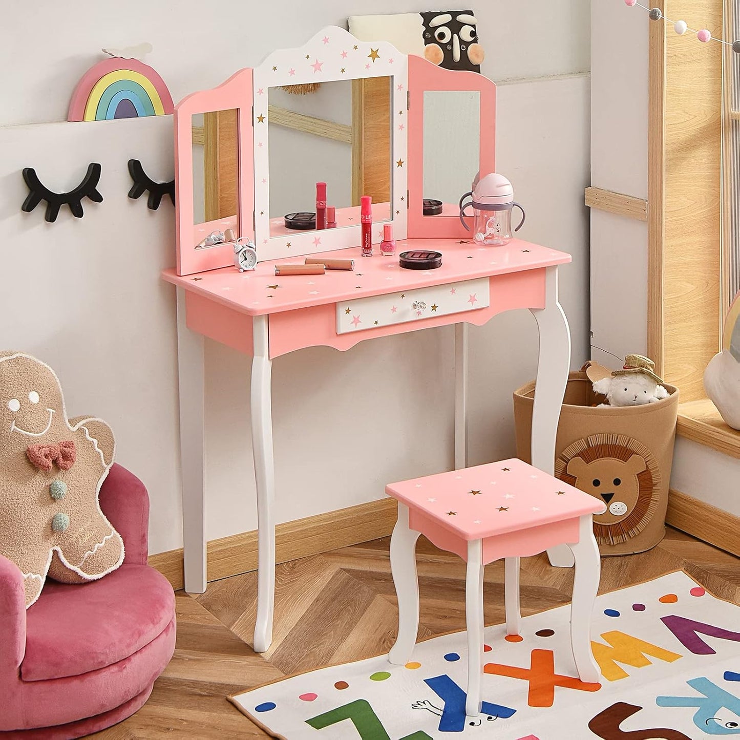 Costzon Kids Vanity Set with Mirror, 2 in 1 Princess Makeup Dressing Table W/Detachable Top, Toddler Girls Vanity with Tri-Fold Mirror, Drawer & Stool, Pretend Play Vanity Set for Little Girls, Pink