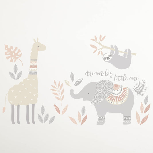 Levtex Baby - Imani Resuable Wall Decal - Llama, Elephant, Lion, Sloth - Grey, Taupe, Pink, Nursery Accessories - Size: 19 X 35.5In.