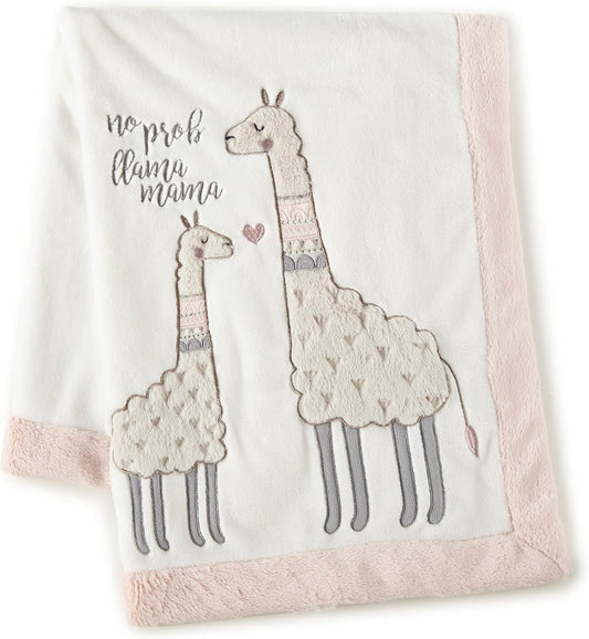 Levtex Baby - Imani Plush Blanket - Appliqued and Embroidered Llamas - Cream, Taupe, Grey, Pink - Nursery Accessories - Blanket Size: 30 X 40 In.