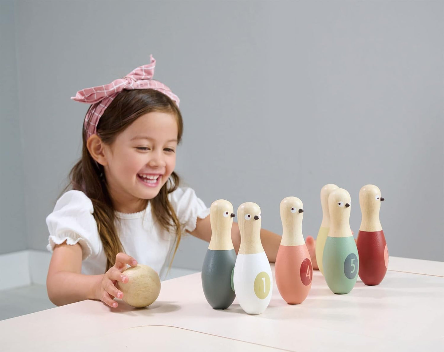 Tender Leaf Toys - Birdie Skittles - Kids Bowling Set - 6 Solid Wood Bowling Pins, Ball and Storage Bag - Fun Physical Learning for Toddler - Develop Hand-Eye Coordination and Numeracy Skills - Age 3+