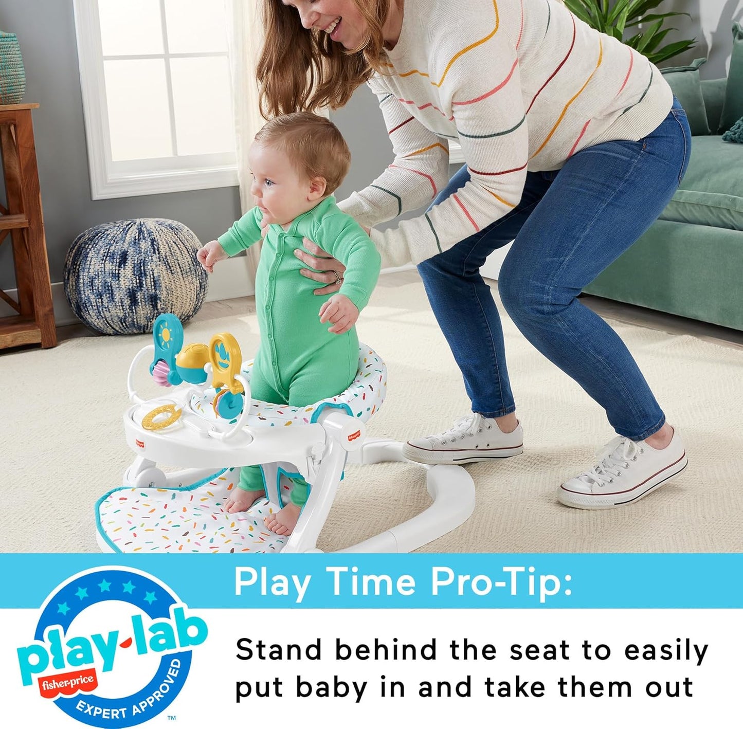 Fisher-Price Portable Baby Chair Deluxe Sit-Me-Up Floor Seat with Snack Tray and Toy Bar, Rainbow Sprinkles