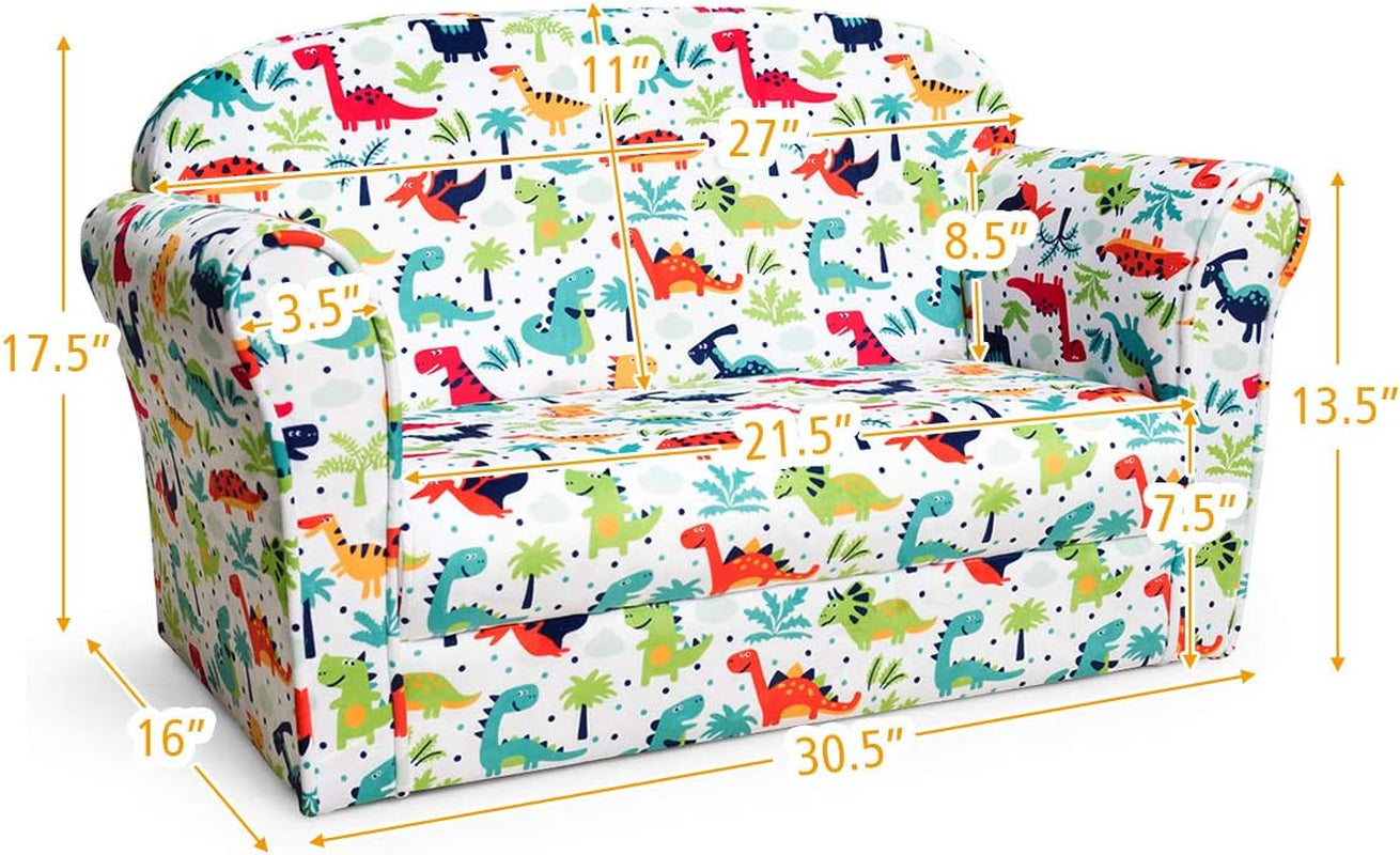 Costzon Kids Couch, Double Seat Children'S Sofa W/Dinosaur Pattern, Comfortable Back, Toddler Armrest Chair for Bedroom, Living Room, Large Soft Kids Couch Sofa Toy for Baby Boys Girls Gifts