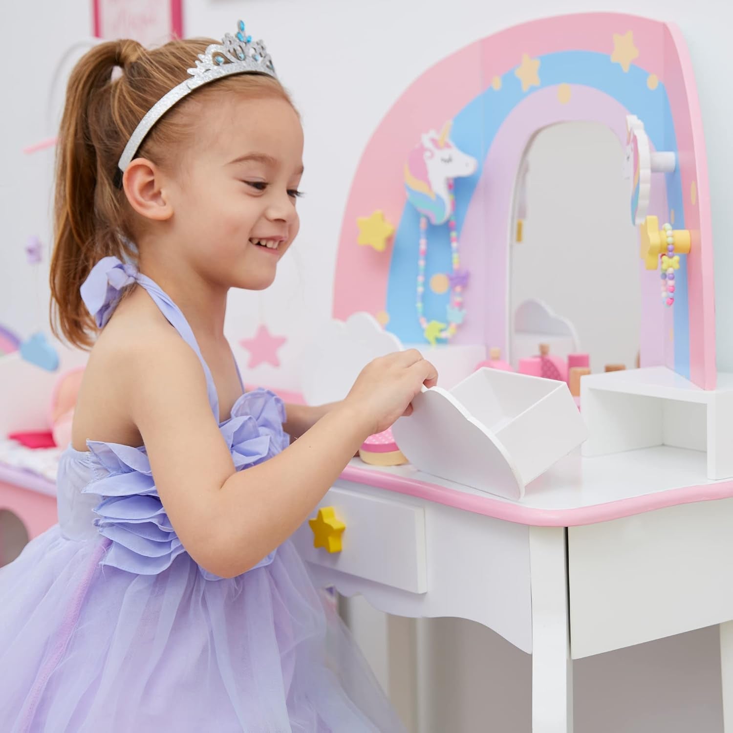 Fantasy Fields Little Dreamer Rainbow Unicorn Play Vanity Set with Rainbow-Shaped Mirror Frame, Cloud-Shaped Storage Drawers, and Stool, White with Pink, Blue and Lilac Rainbow Accents