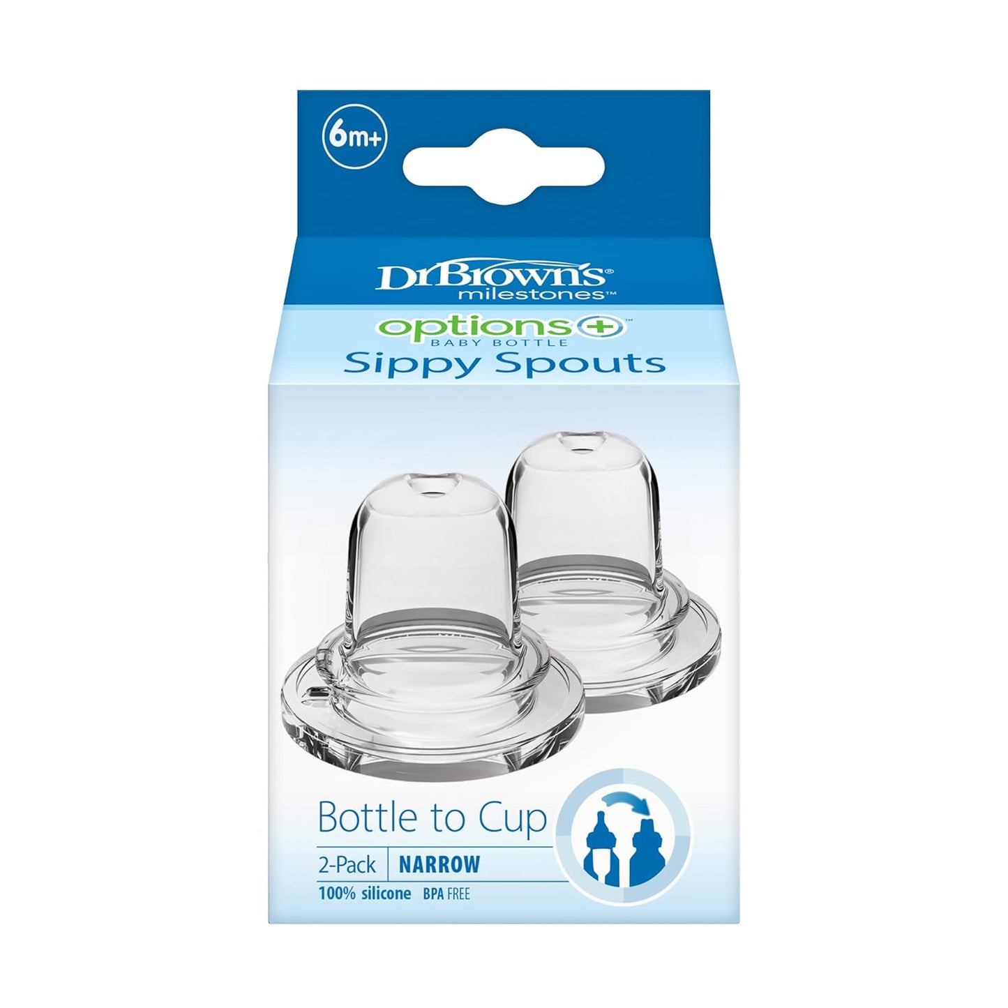 Dr. Brown'S Milestones Options+ Sippy Spouts, Narrow, Soft 100% Silicone Baby Bottle Sippy Spout, 6M+, 2 Count (Pack of 1)