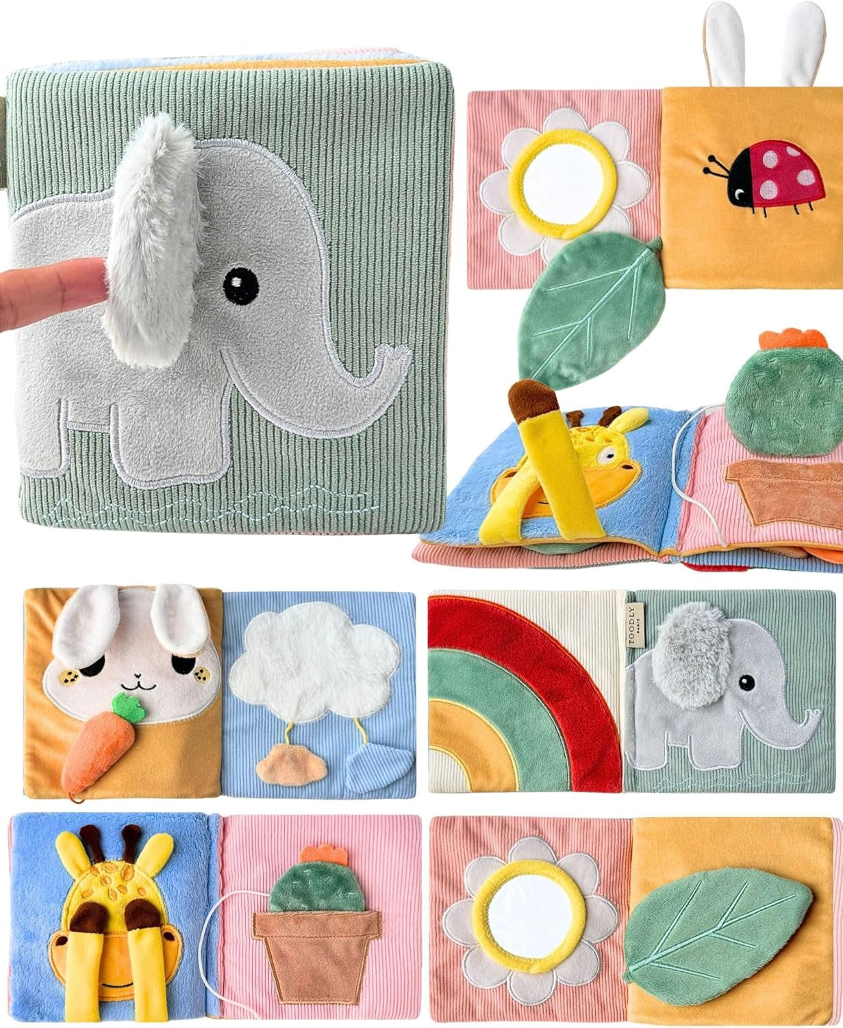 Adorable Elephant with Crinkling Ear Soft Baby Book with Mirror, Activities, Touch and Feel & Crinkle Pages - Interactive Sensory Cloth Book for Babies Baby Sensory Book for Early Development