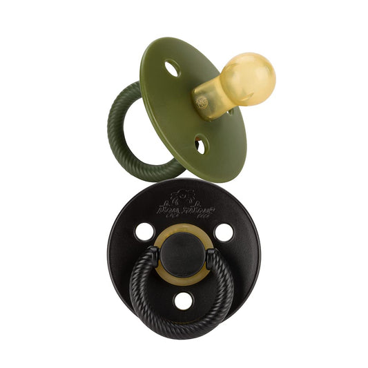 Itzy Ritzy Natural Rubber Pacifiers Set of 2 – Natural Rubber Newborn Pacifiers with Cherry-Shaped Nipple & Large Air Holes for Added Safety; Set of 2 in Camo & Midnight, Ages 0 – 6 Months