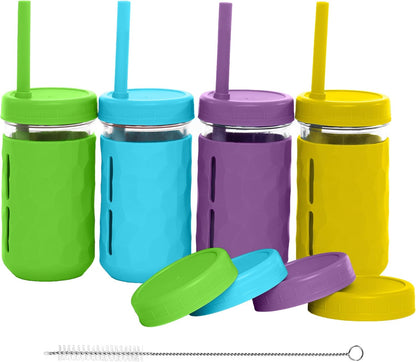 Weesprout Glass Cups with Lids & Straws, Spill-Resistant Smoothie Jars for Toddlers & Kids, Baby Food Storage & Snack Containers, XL Silicone Straw, Easy-Grip Sleeves, Set of Four, Dishwasher Safe