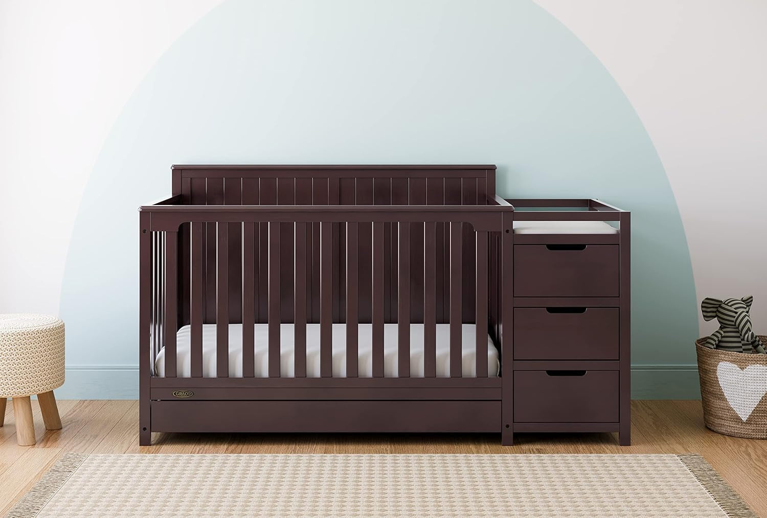 Graco Hadley 5-In-1 Convertible Crib and Changer with Drawer (Espresso) – GREENGUARD Gold Certified, Crib and Changing -Table Combo with Drawer, Includes Baby Changing Pad, Converts to Full-Size Bed