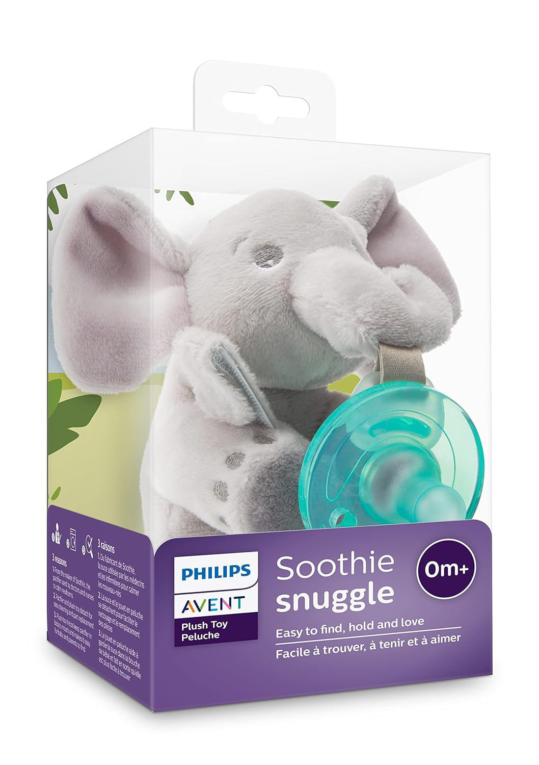 Philips AVENT Soothie Snuggle Pacifier Holder with Detachable Pacifier, 0M+, Elephant, SCF347/03- 1 Count (Pack of 1)