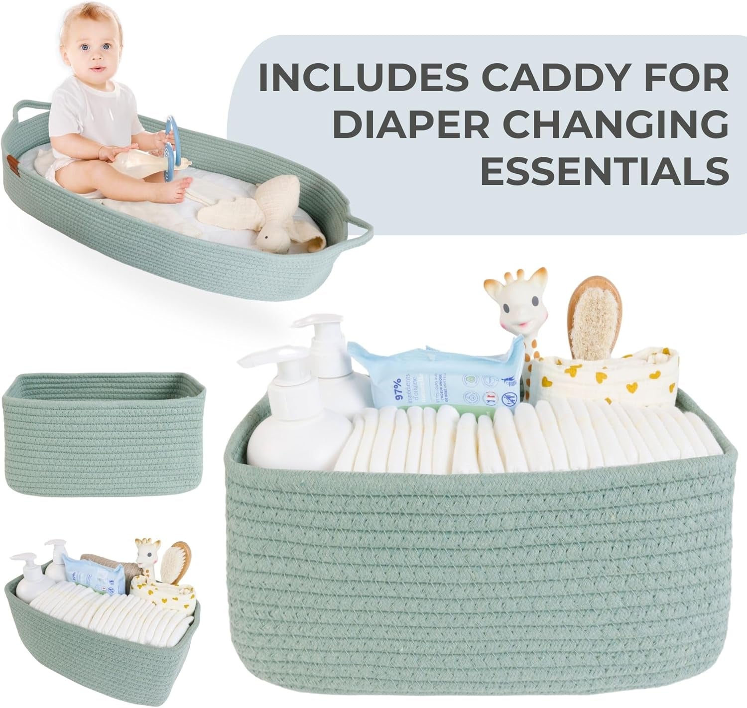 Cozy Baby Changing Basket with Diaper Caddy(Green) + Montessori Toy Coffee Maker for Kids Bundle