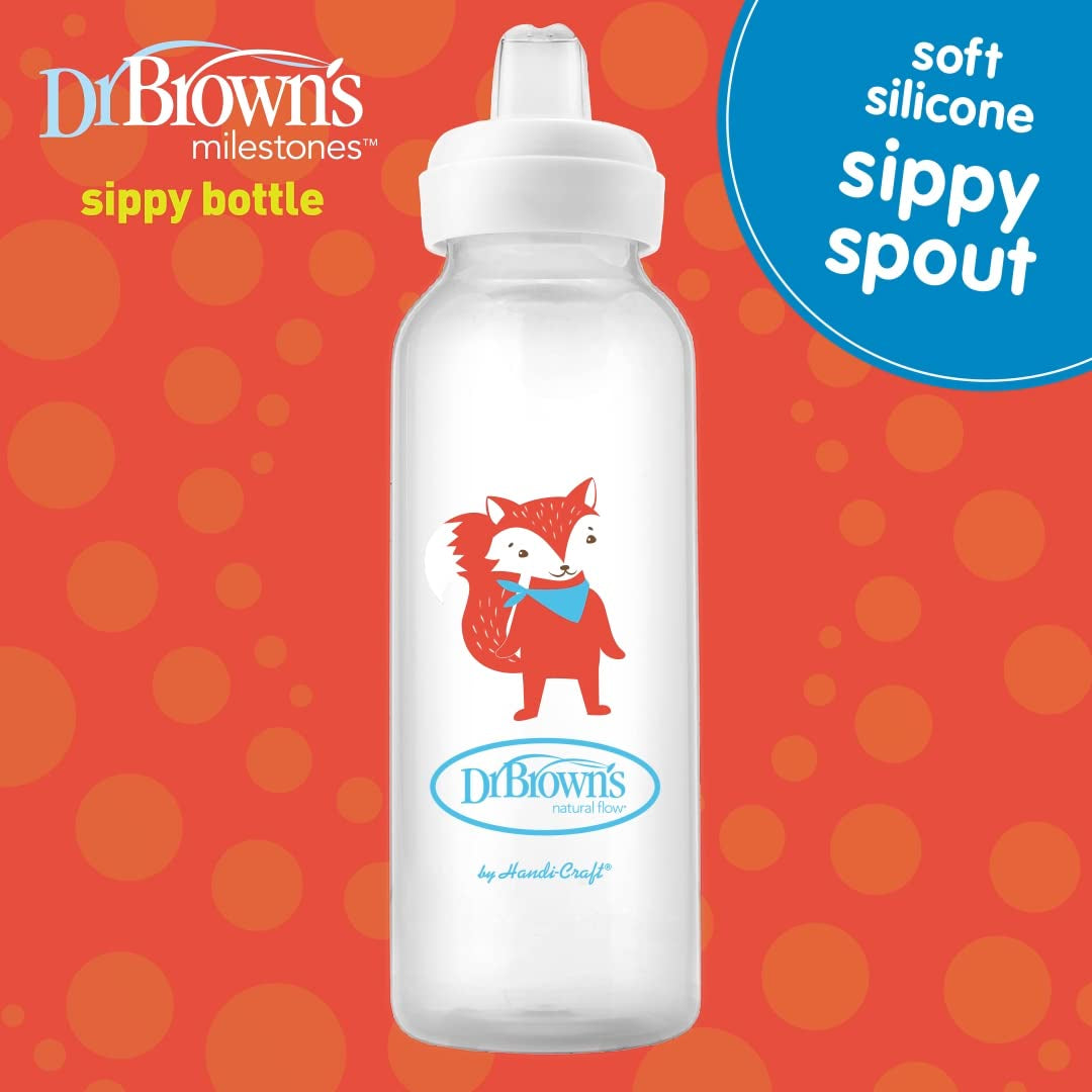 Dr. Brown'S Milestones Narrow Sippy Bottle, 100% Silicone Soft Sippy Spout, 8Oz/250Ml, Fox & Lion, 6M+