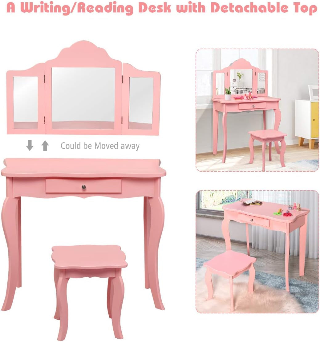 Costzon Kids Wooden Vanity Table & Stool Set, 2 in 1 Detachable Design with Dressing Table and Writing Desk, Princess Makeup Dressing Table with Two 180° Folding Mirror, for Girls, Kids (Pink)