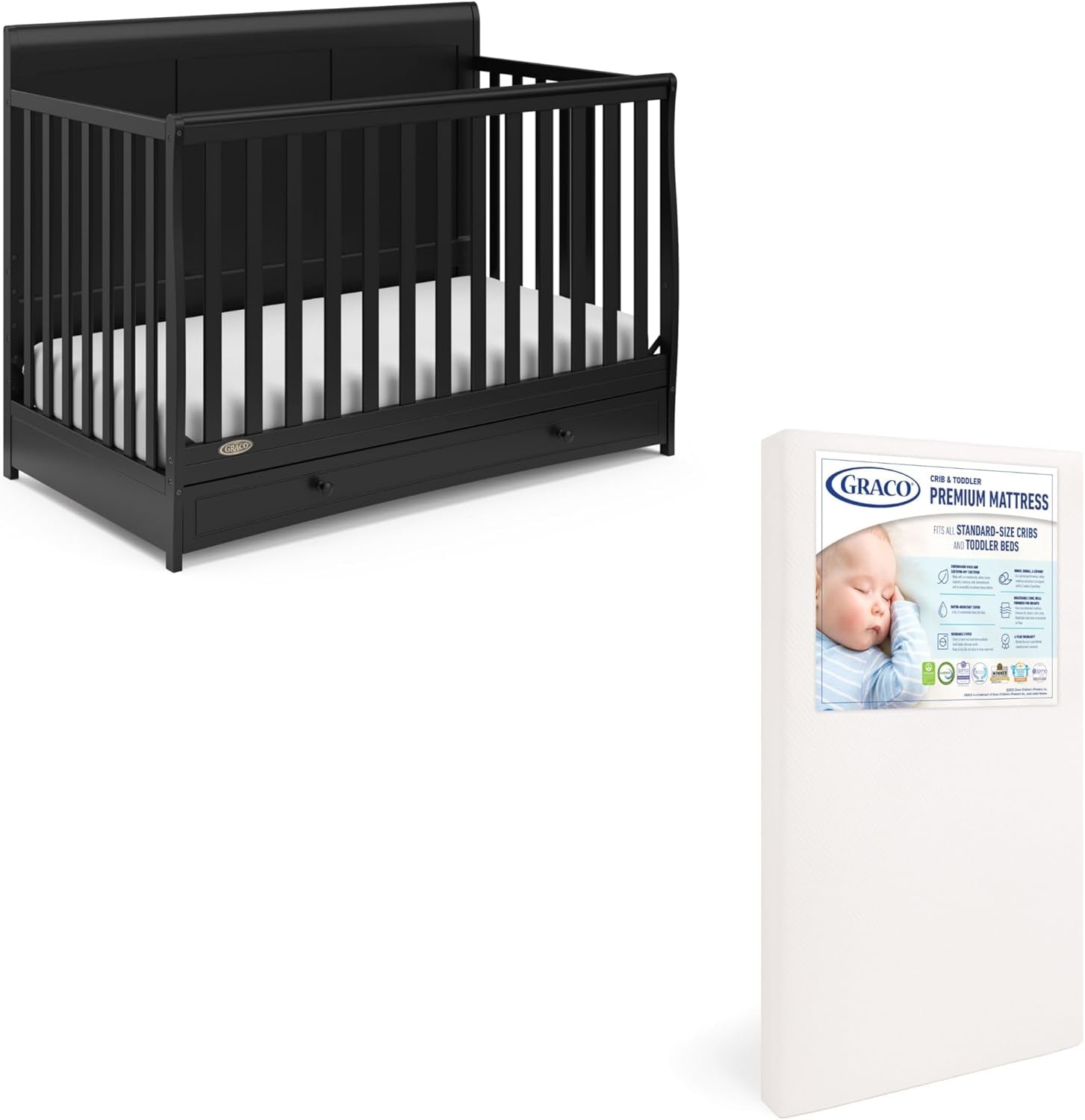 Graco Asheville 5-In-1 Convertible Crib with Drawer (White) – GREENGUARD Gold Certified, Crib with Drawer Combo, Full-Size Nursery Storage Drawer, Converts to Toddler Bed, Daybed and Full-Size Bed