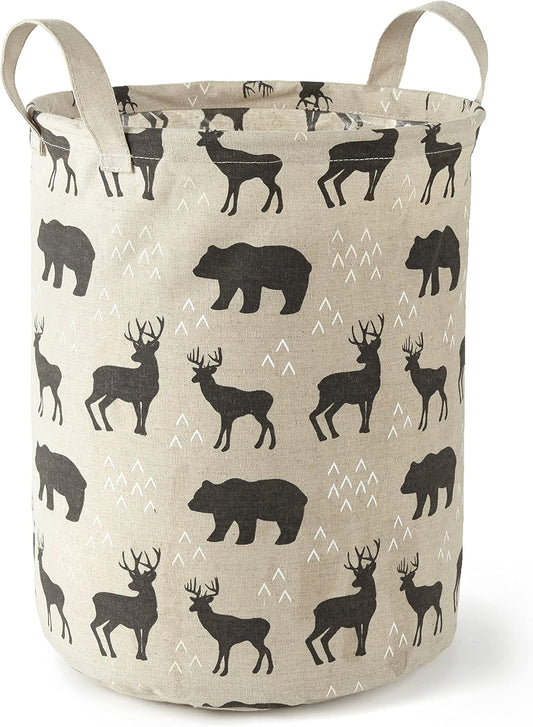 Levtex Baby - Logan Nursery Hamper - round Fabric Storage Hamper - Bears and Deers - Taupe and Black - Nursery Accessories - Size: 14 X 19In.