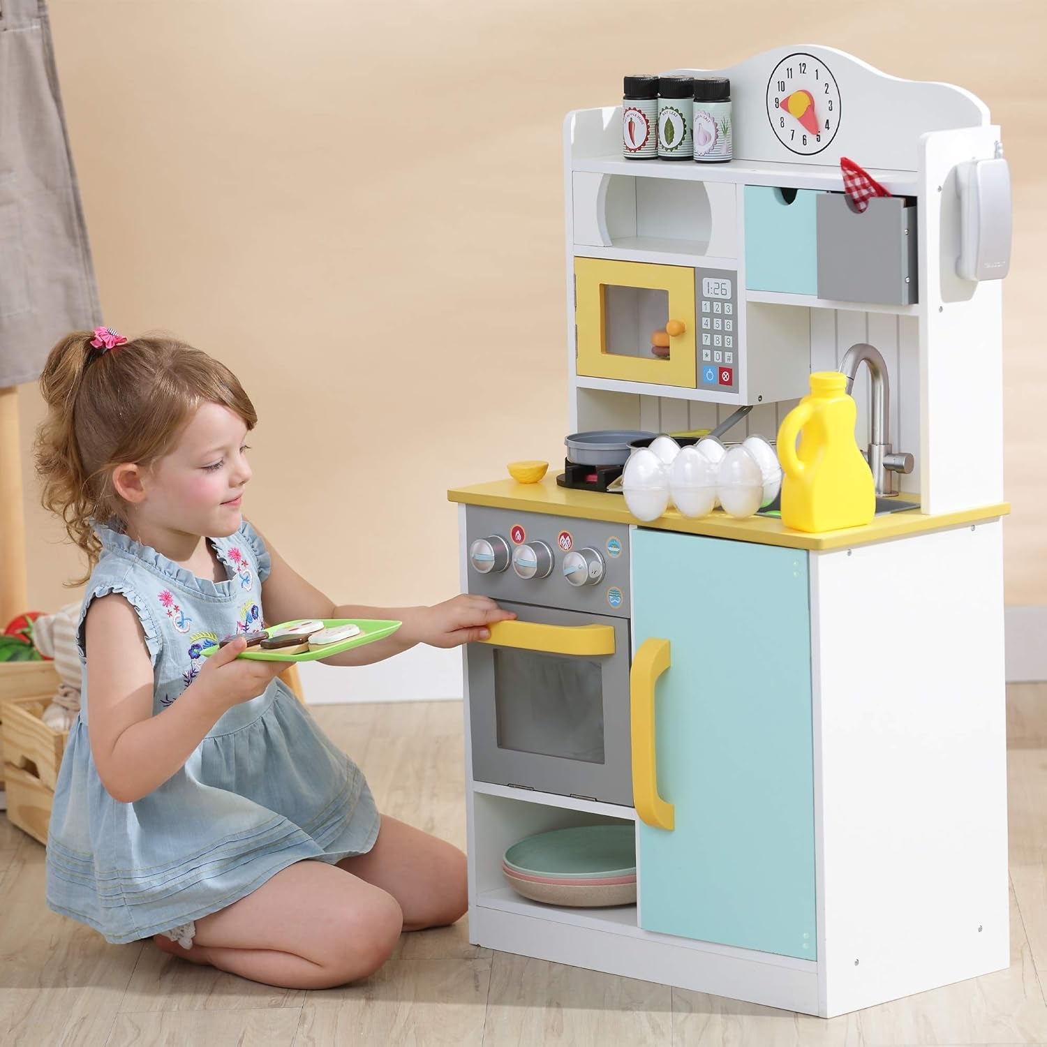 Teamson Kids Little Chef Florence Classic Interactive Wooden Play Kitchen with Accessories and Storage Space for Easy Clean Up, White with Mint Green and Yellow Accents