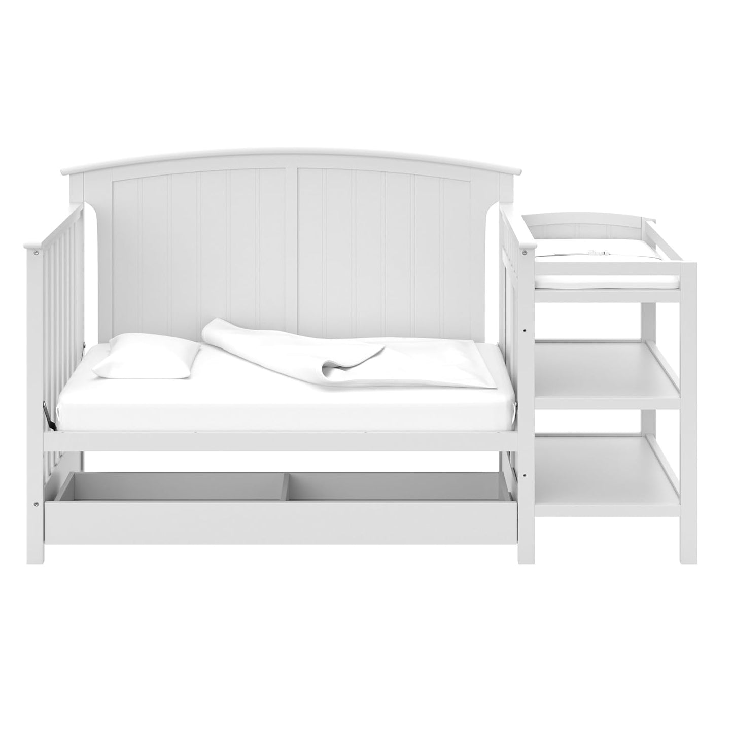 Storkcraft Steveston 5-In-1 Convertible Crib and Changer with Drawer (White) – GREENGUARD Gold Certified, Crib and Changing Table Combo with Drawer, Converts to Toddler Bed, Daybed and Full-Size Bed