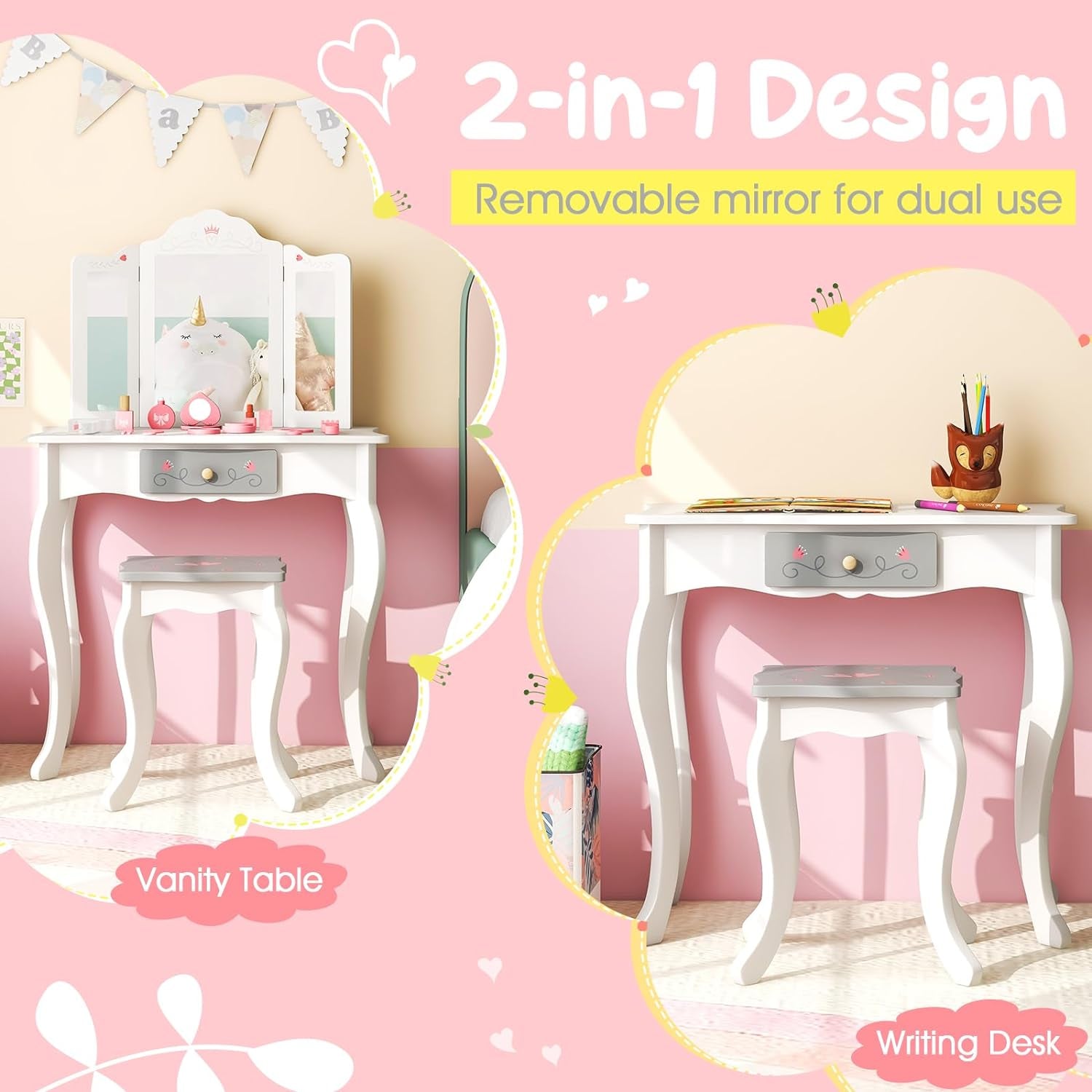 Costzon Kids Vanity Set, 2 in 1 Princess Makeup Dressing Table & Chair Set W/Detachable Tri-Fold Mirror, Toddler Vanity with Drawer & Accessories, Pretend Play Vanity Set for Little Girls (White)