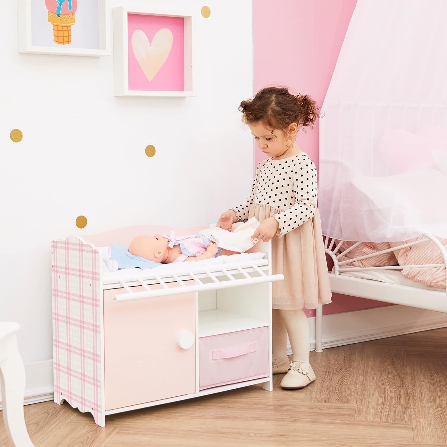 Olivia'S Little World Polka Dot Princess Wooden Baby Doll Crib with Under-The-Crib Storage Featuring a Cabinet with Door and Two Cubbies, Pink and White