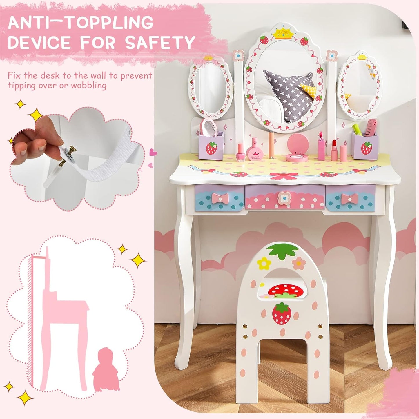 Costzon Kids Vanity Set with Mirror, 2 in 1 Princess Makeup Dressing Table W/Detachable Top, Toddler Vanity W/Drawers, Accessories, Pretend Play Vanity Table & Chair Set for Little Girls, White