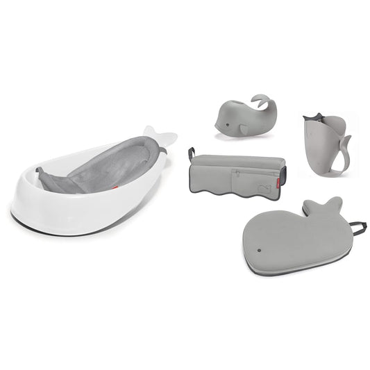 Skip Hop Baby Bath Tub, 3-Stage Smart Sling Tub, Moby, White & Moby Baby Bath Essential Set, Grey