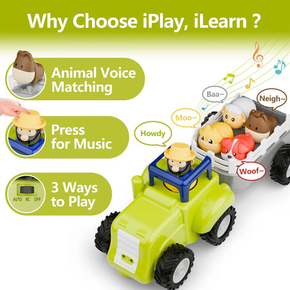 Iplay, Ilearn Toddler Remote Control Farm Tractor Toy, Baby RC Trailer Truck Set, Music Pretend Farmer Animals Vehicle Playset W/Sound, Birthday Gifts for 18 24 Month 2 3 4 Year Old Kids Boys Girls